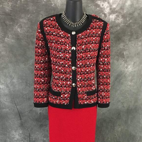 BEAUTIFUL St John knit red black multi jacket skirt suit size 12 - Picture 3 of 9